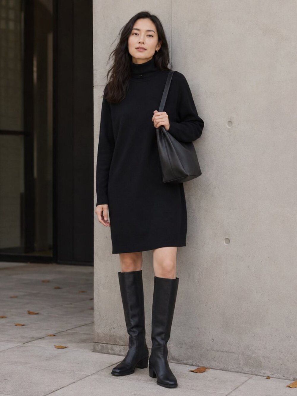 Uniqlo Soft Knitted Fleece Dress S Black Turtleneck Long Sleeve Shift Knee Lengt